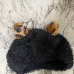 Gymboree Black Fuzzy Hat with Animal Print Ears- Girls 4-7